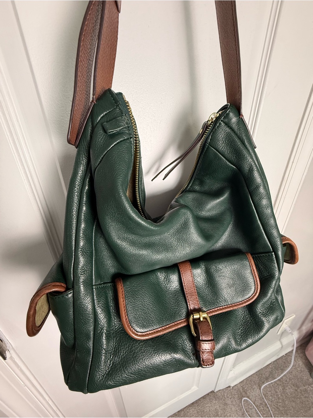 Isaac Mizrahi Dark Green Leather Messenger Bag with Brown Trim - Picture 1 of 9